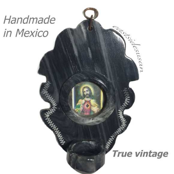 VTG 80s Black Onyx CANDLE HOLDER with RELIGIOUS Catholic Jesus Image - Picture 1 of 5